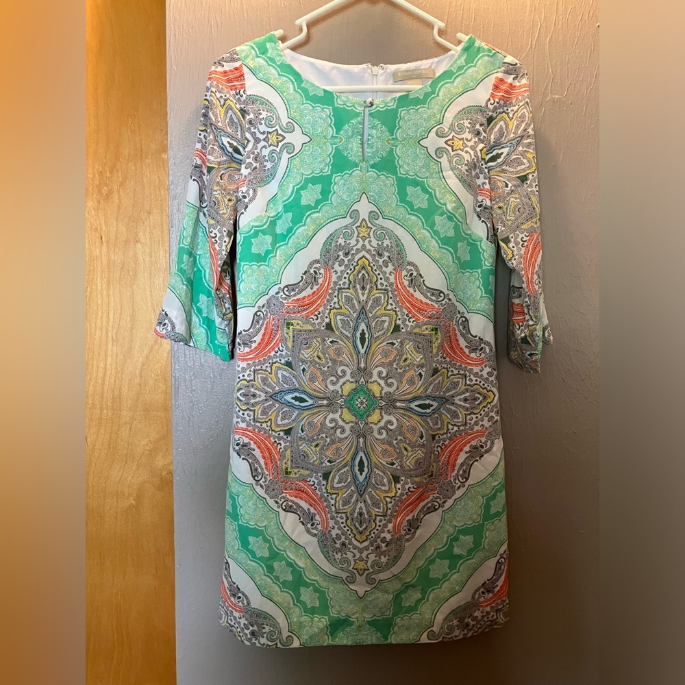 Banana Republic Green Peach White Paisley 3/4 Sleeve Sheath Dress 0P